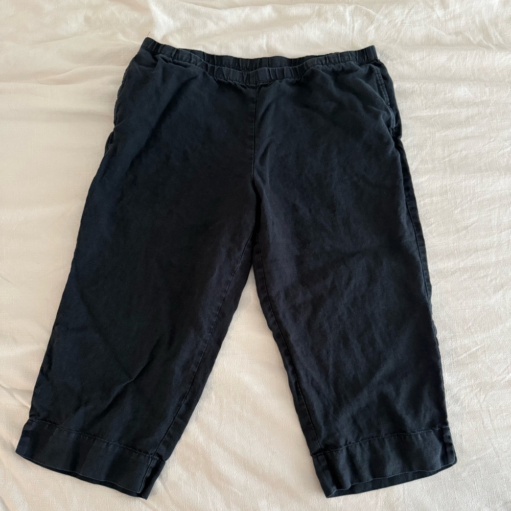 J Jill 100% linen pull on black pants with pockets wide leg cropped large petite